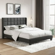 Amolife Queen Size Platform Bed with Wingback Headboard, Square Stitched Style, Dark Grey