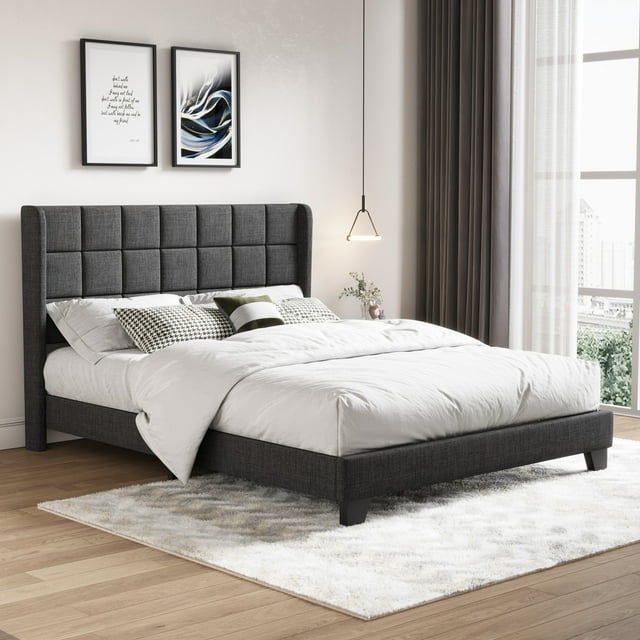 Amolife Upholstered Queen Size Platform Bed Frame with Wingback ...