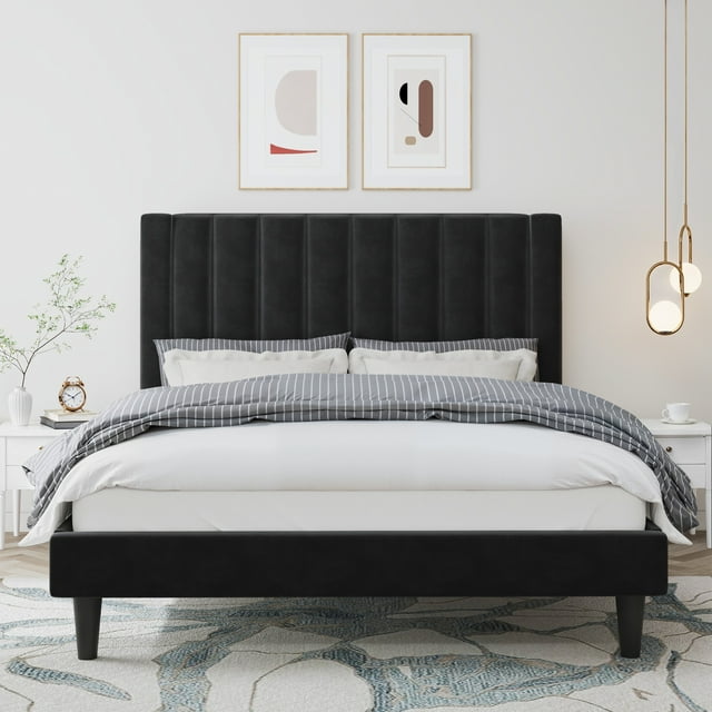 Amolife Upholstered King Size Platform Bed Frame with Velvet Channel ...