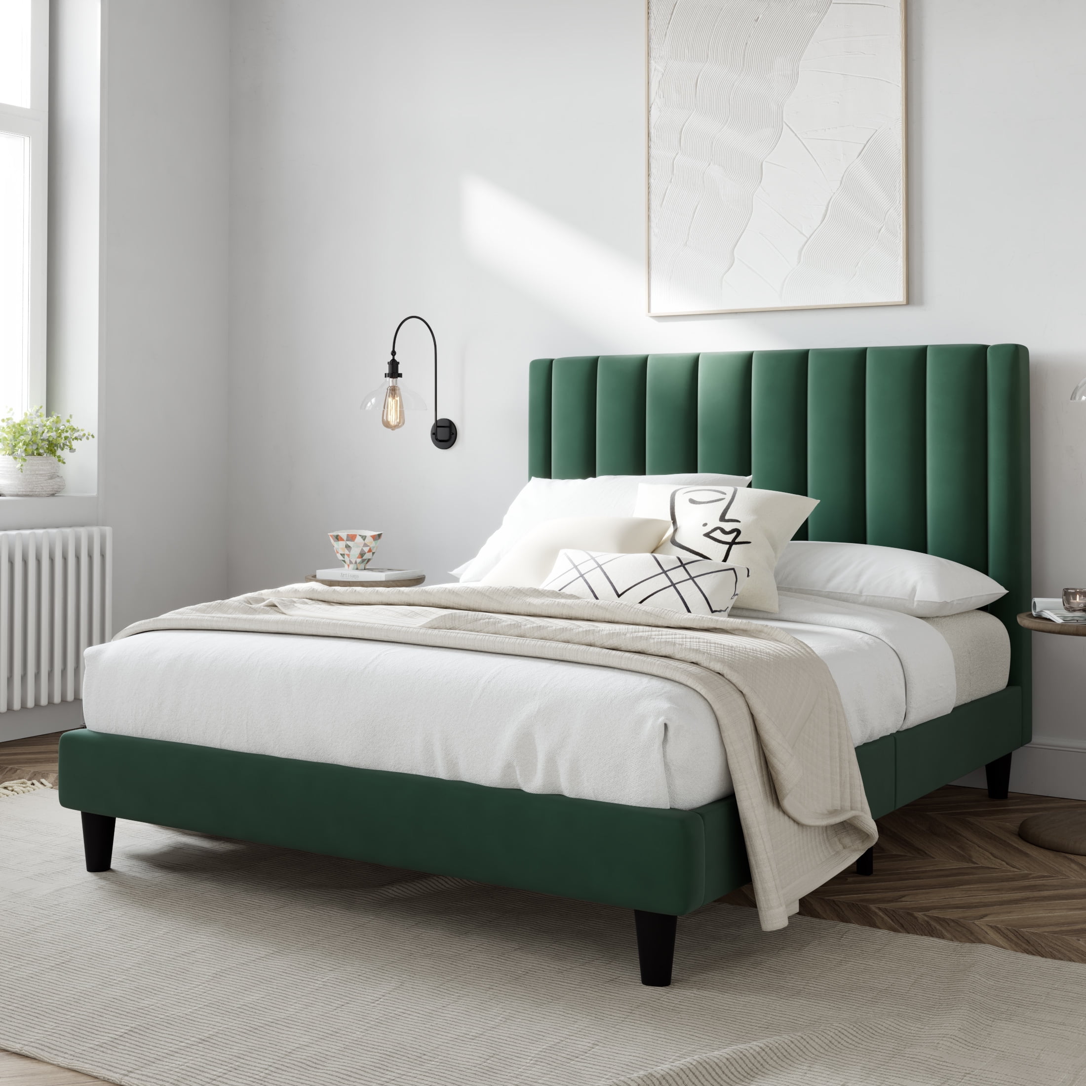 Amolife Queen Size Platform Upholstered Bed Frame with Velvet Channel