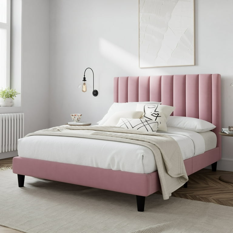 Amolife Queen Size Platform Upholstered Bed Frame with Velvet Channel Headboard Pink