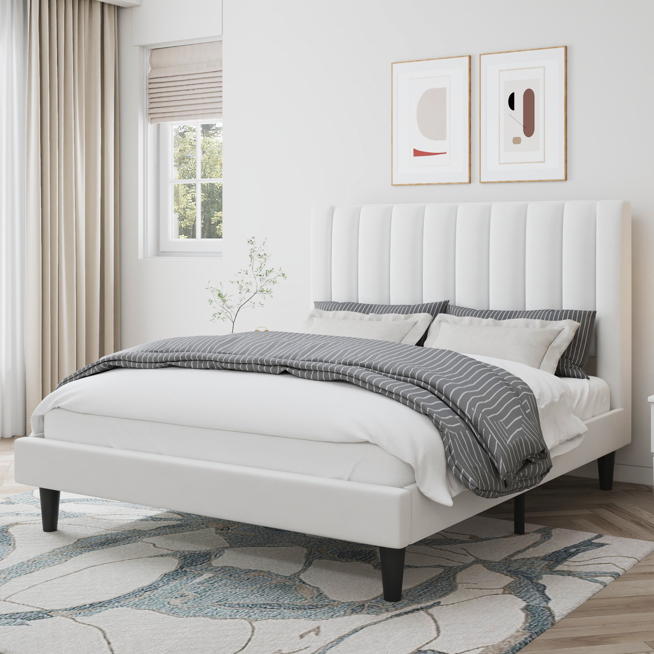 Amolife Queen Size Platform Upholstered Bed Frame with Velvet Channel