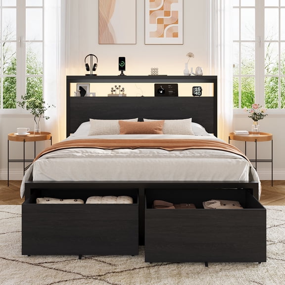 Amolife Queen Size Storage Bed Frame, 2 Storage Drawers, 2-Tier Shelf Wood Headboard with Charging Station & LED Light, Black
