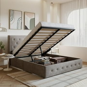 Amolife Queen Size Upholstered Lift up Storage Platform Bed Frame with Fabric Button Tufted Wingback Headboard, Beige