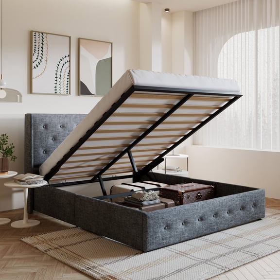 Amolife Queen Size Upholstered Lift up Storage Platform Bed Frame with Fabric Button Tufted Wingback Headboard, Gray Blue