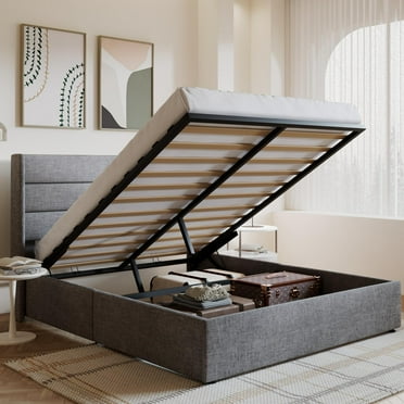 Amolife Queen Size Bed Frame, Lift Up Storage Platform Bed with Fabric Upholstered Panel Wingback Headboard, Light Gray