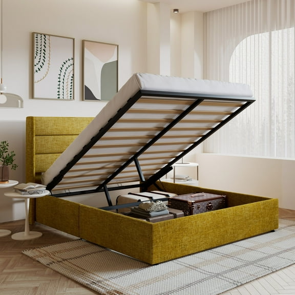 Amolife Queen Size Upholstered Lift up Storage Platform Bed Frame with Fabric Panel Wingback Headboard, Olive Yellow