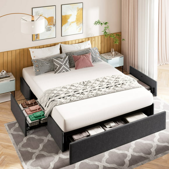 Amolife Queen Size Upholstered Platform Bed Frame with 3 Storage Drawers and Wooden Slats, Dark Grey