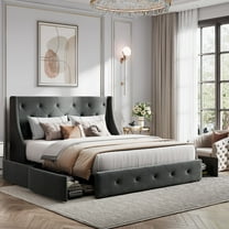 Amolife Queen Size Upholstered Platform Bed Frame with 4 Storage Drawers & Fabric Tufted Wingback Headboard, Dark Gray