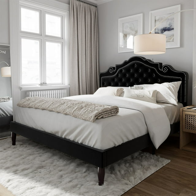 Amolife Adjustable Velvet Upholstered Queen Bed Frame with Platform