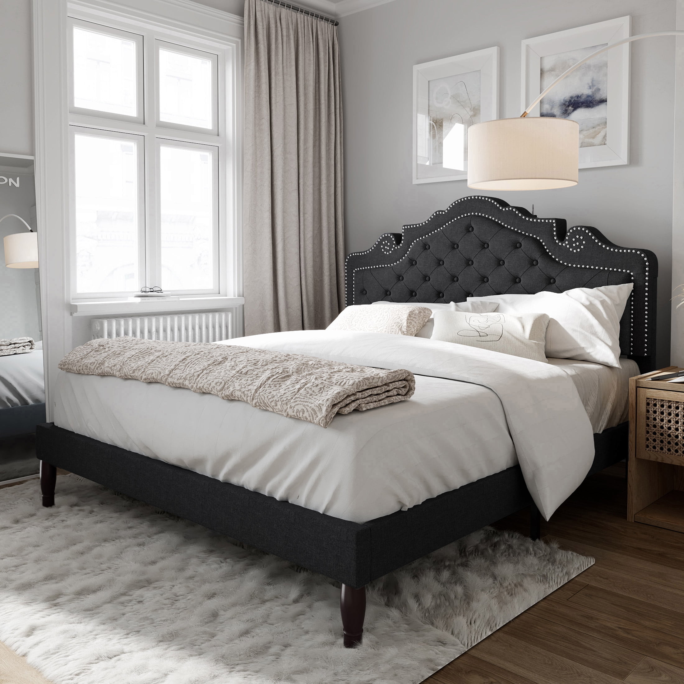 Amolife Queen Size Upholstered Platform Bed Frame with Adjustable Headboard, Dark Gray