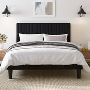 Amolife Queen Size Upholstered Platform Bed Frame with Adjustable Velvet Headboard, Black