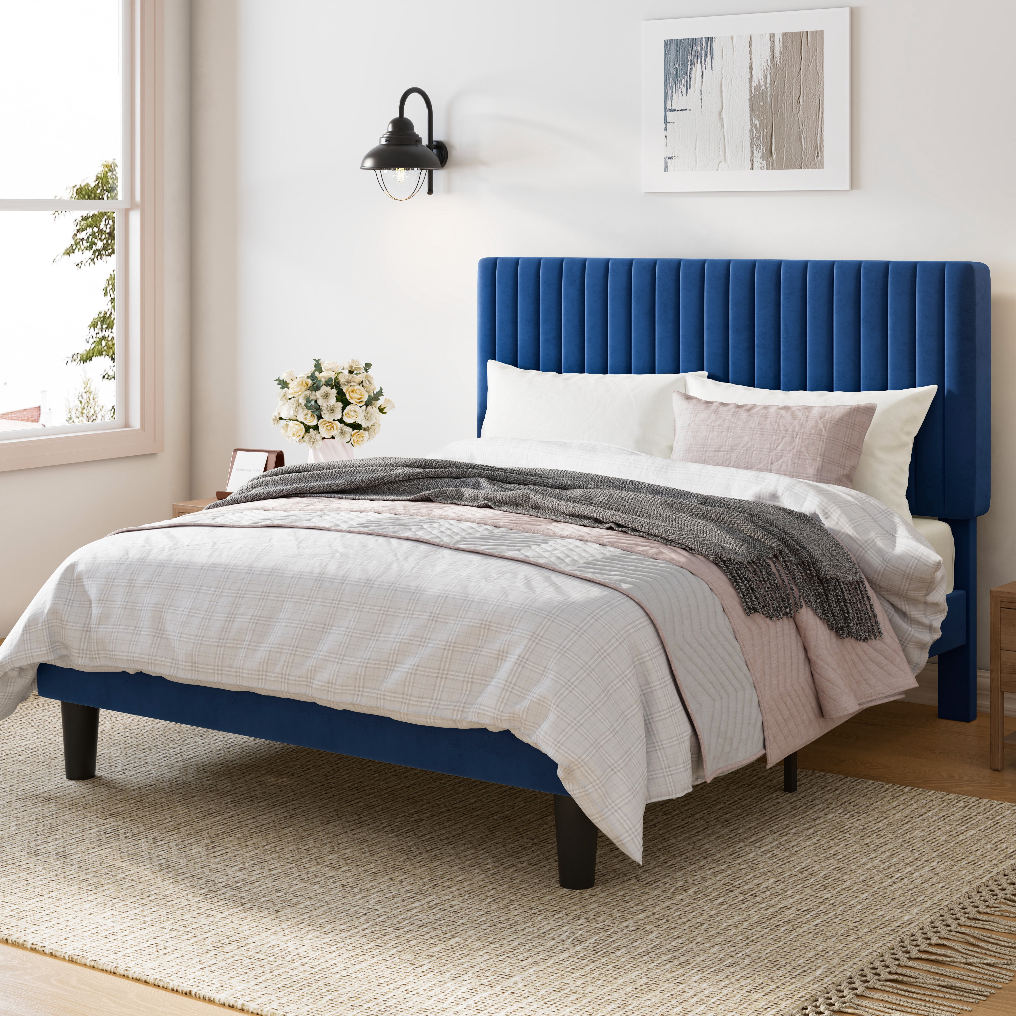 Amolife Queen Size Upholstered Platform Bed Frame with Adjustable Velvet Headboard, Dark Blue