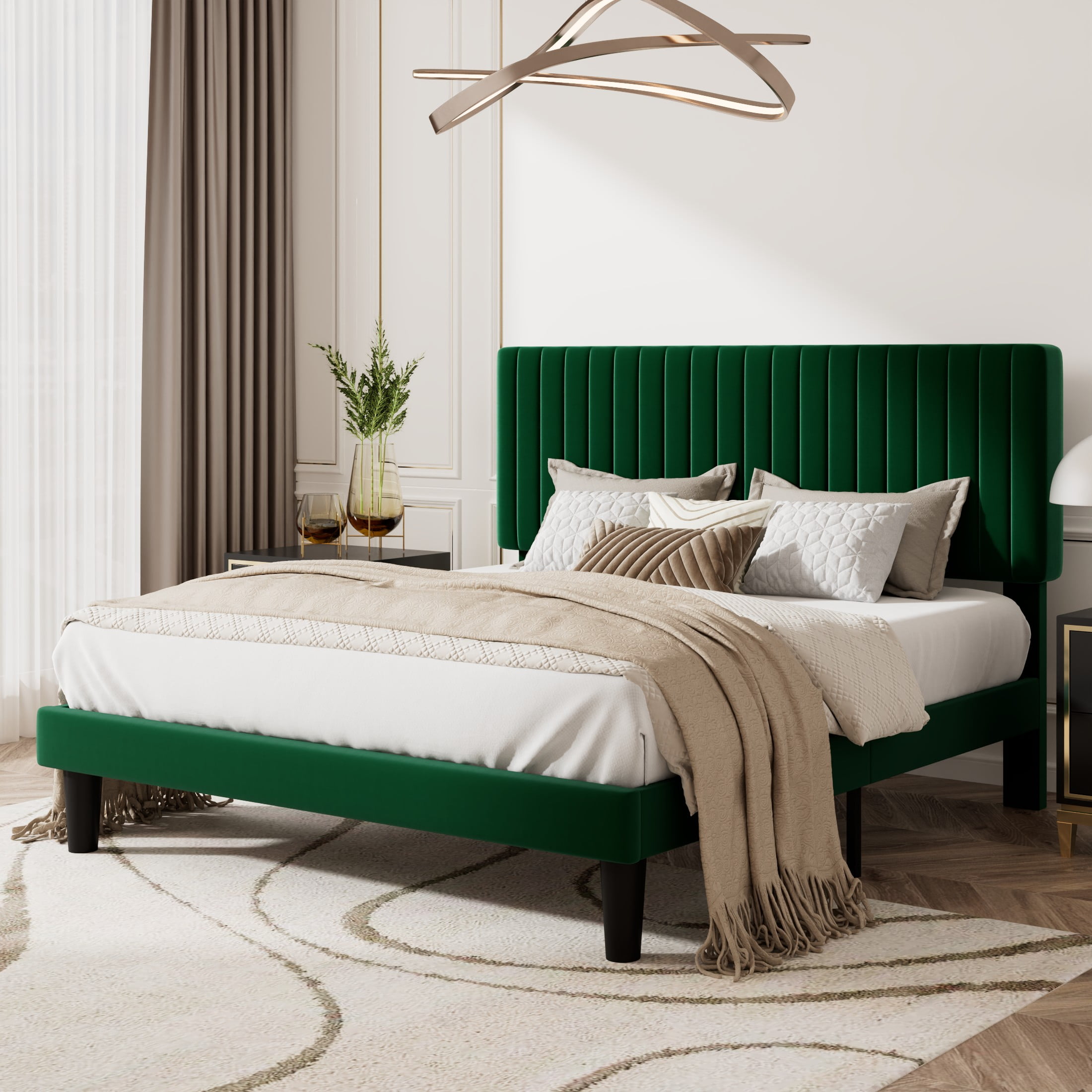 Queen Green Velvet Upholstered Platform Bed with Adjustable Headboard