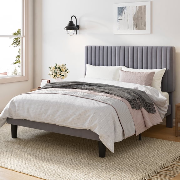 Amolife Queen Size Upholstered Platform Bed Frame with Adjustable Velvet Headboard, Grey