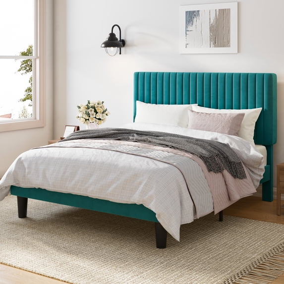 Amolife Queen Size Upholstered Platform Bed Frame with Adjustable Velvet Headboard, Lake Blue