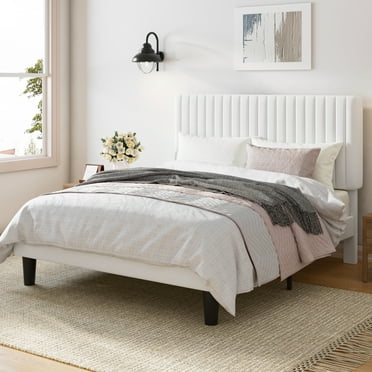 Amolife Queen Size Upholstered Platform Bed Frame with Adjustable Velvet Headboard, Off-White