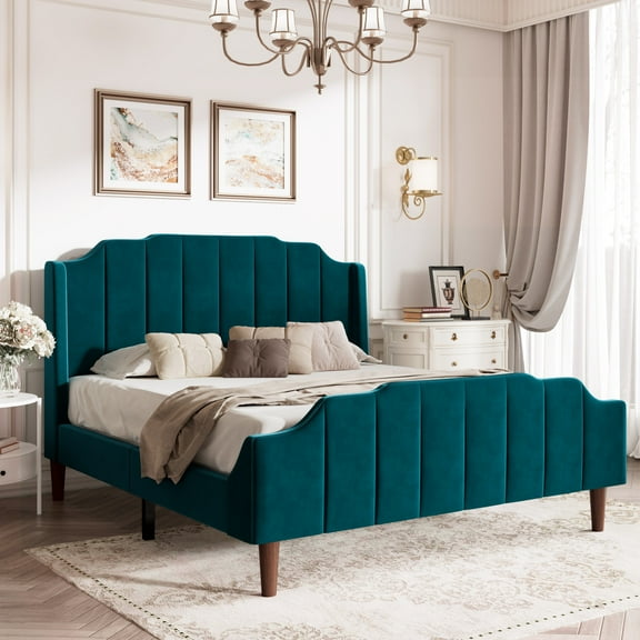Amolife Queen Size Upholstered Platform Bed Frame with Curved Velvet Wingback Headboard, Blue