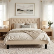 Amolife Queen Size Upholstered Platform Bed Frame with Fabric Diamond Deluxe Wingback Headboard, Beige