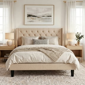 Amolife Queen Size Upholstered Platform Bed Frame with Fabric Diamond Deluxe Wingback Headboard, Beige