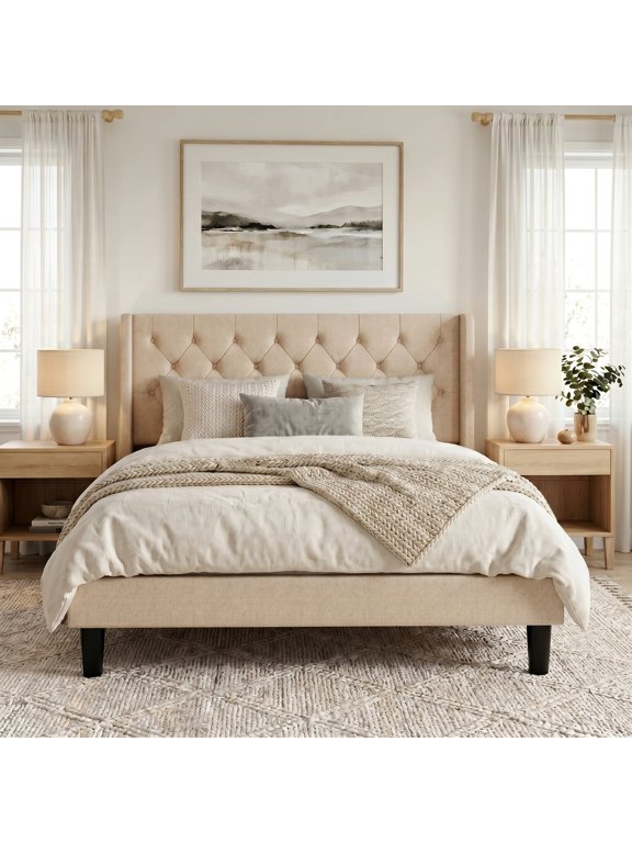 Queen Size Upholstered Platform Bed Frame with Fabric Diamond Deluxe Wingback Headboard, Beige