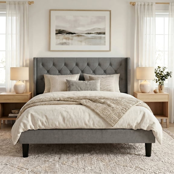 Amolife Queen Size Upholstered Platform Bed Frame with Fabric Diamond Deluxe Wingback Headboard, Light Grey