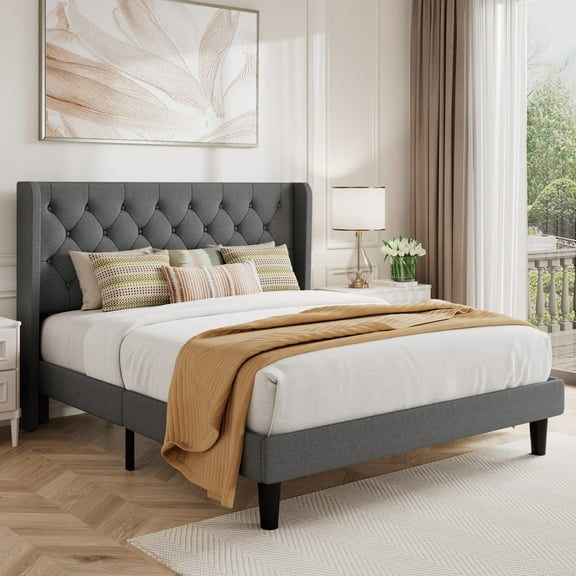 Amolife Queen Size Upholstered Platform Bed Frame with Fabric Diamond Deluxe Wingback Headboard, Light Grey