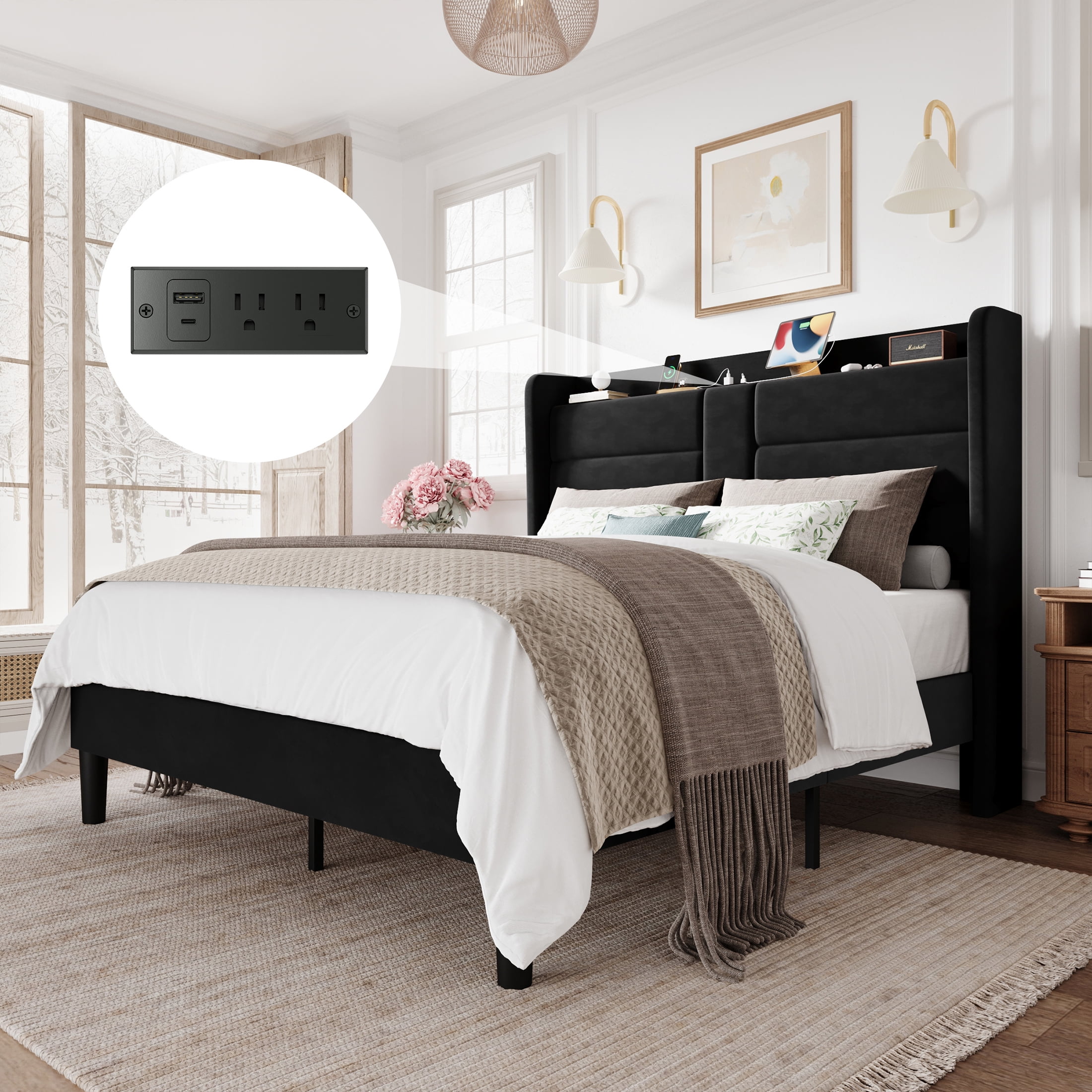 Amolife Queen Size Upholstered Platform Bed Frame with Velvet Wingback Headboard & USB Charging Ports, No Box Spring Needed, Black