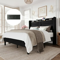 Amolife Queen Size Upholstered Platform Bed Frame with Velvet Wingback Headboard & USB Charging Ports, No Box Spring Needed, Black