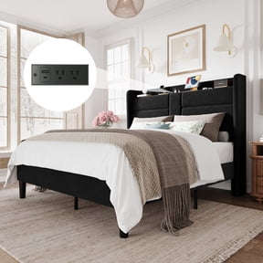 Amolife Queen Size Upholstered Platform Bed Frame with Velvet Wingback Headboard & USB Charging Ports, No Box Spring Needed, Black