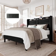 Amolife Queen Size Upholstered Platform Bed Frame with Velvet Wingback Headboard & USB Charging Ports, No Box Spring Needed, Black