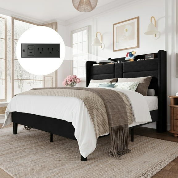 Amolife Queen Size Upholstered Platform Bed Frame with Velvet Wingback Headboard & USB Charging Ports, No Box Spring Needed, Black