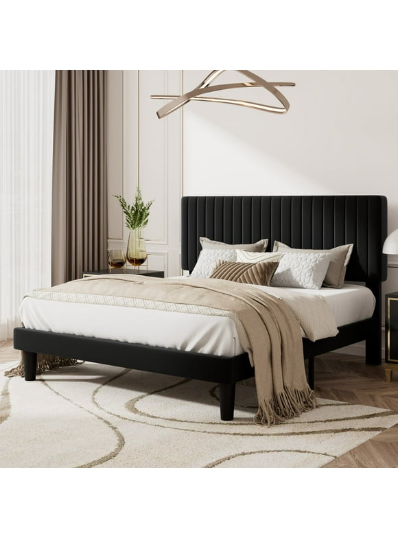 Amolife Queen Size Upholstered Platform Bed Frame with Vertical Channel Tufted Velvet Headboard, Black