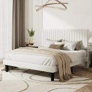 Amolife Queen Size Upholstered Platform Bed Frame with Vertical Channel Tufted Velvet Headboard, Off-White
