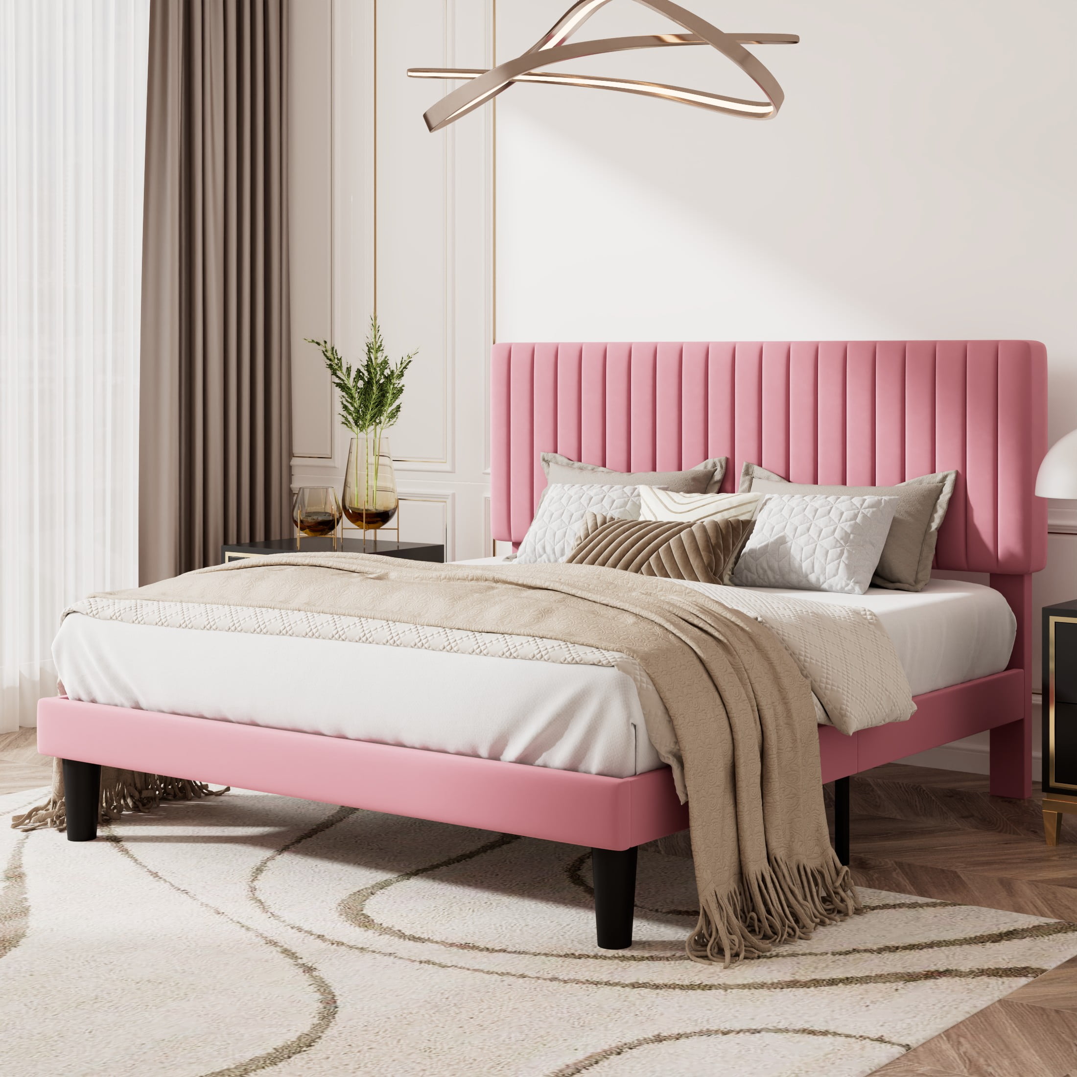 Queen Pink Velvet Upholstered Platform Bed with Tufted Headboard
