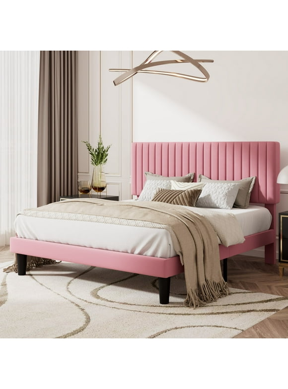 Amolife Queen Size Upholstered Platform Bed Frame with Vertical Channel Tufted Velvet Headboard, Pink