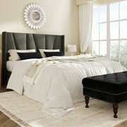 Amolife Queen Bed Frame, Upholstered Platform Bed with Wingback and Geometric Headboard, Gray