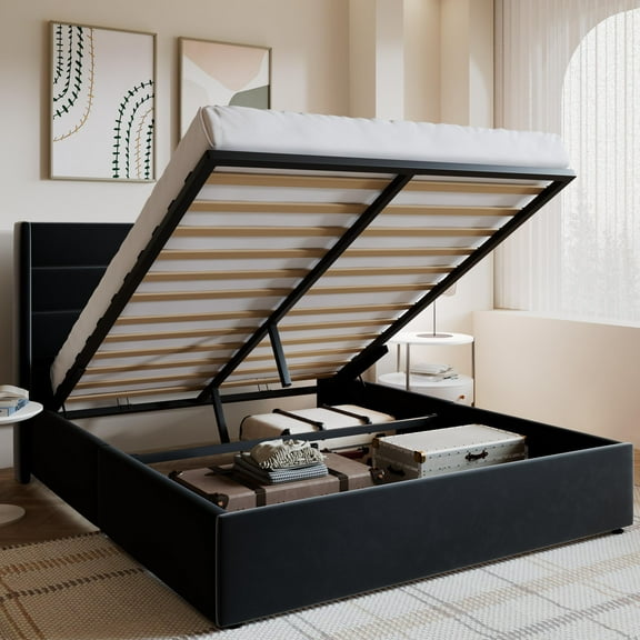 Amolife Queen Size Bed Frame, Velvet Lift Up Storage Platform Bed with Upholstered Panel Wingback Headboard, Black