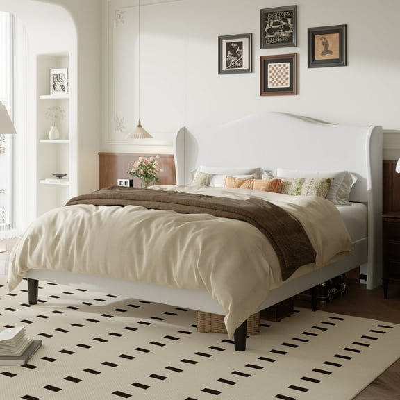 Amolife Queen Bed Frame with Velvet Upholstered Wingback Headboard, Personalized Platform Bed, No Box Spring Required, White