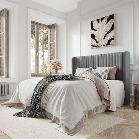 Amolife Queen Size Velvet Upholstered Bed with Wingback Headboard, Light Grey