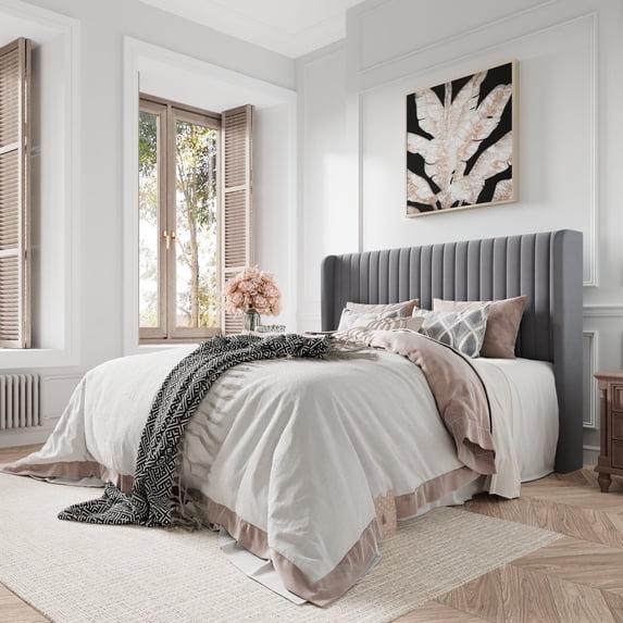 Amolife Queen Size Velvet Upholstered Bed with Wingback Headboard, Light Grey