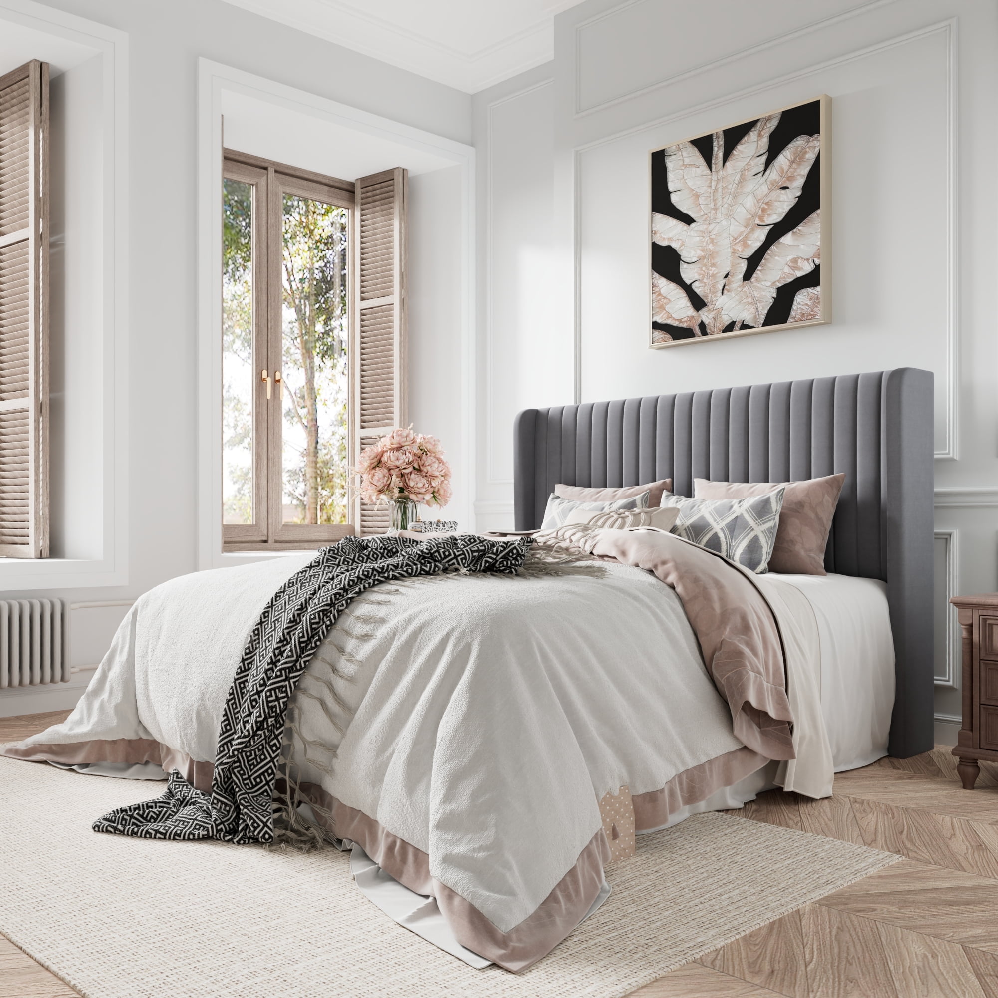 Amolife Queen Size Velvet Upholstered Bed with Wingback Headboard, Light Grey  (图1)