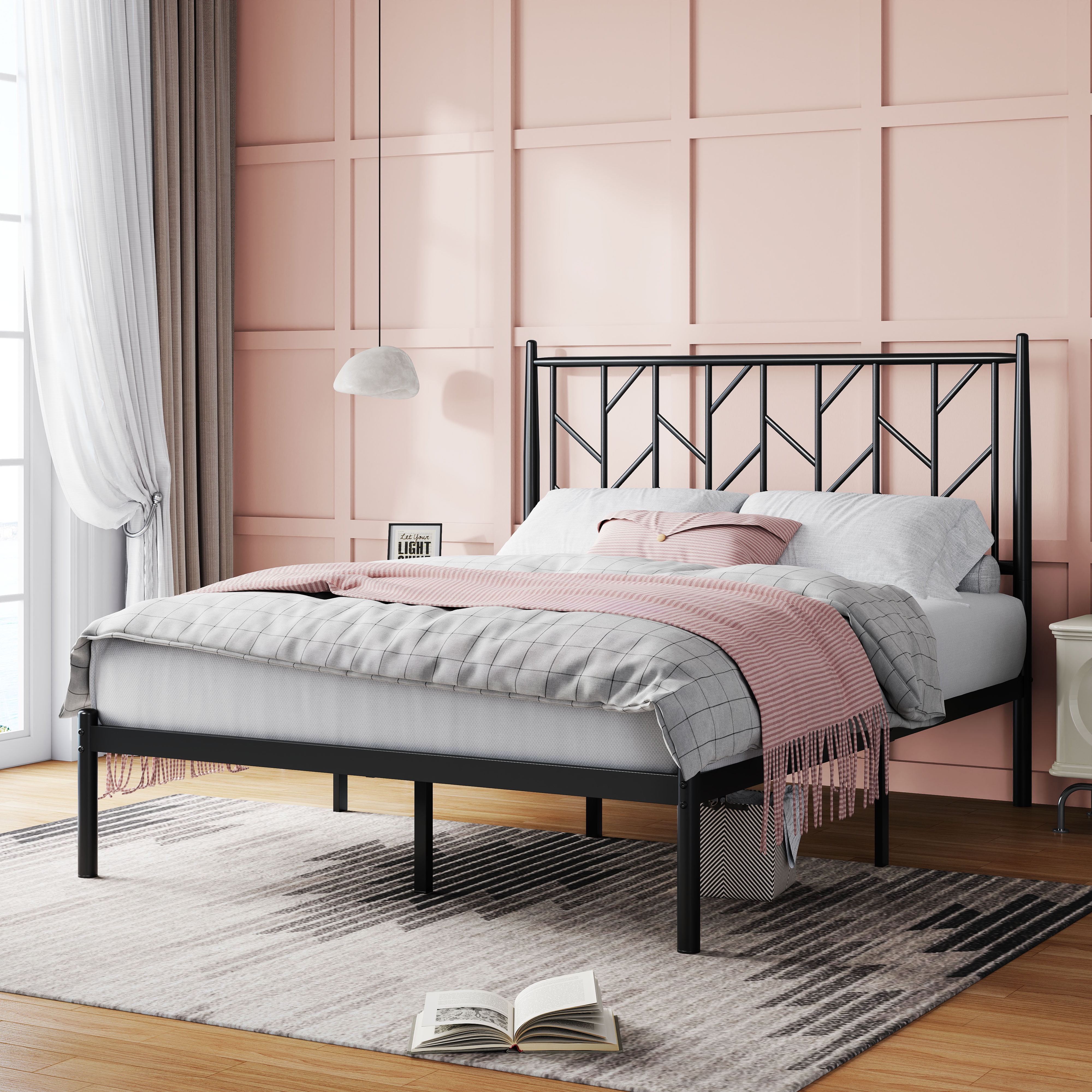 Amolife Queen Size Vintage Metal Platform Bed Frame with Headboard, No Box Spring Needed, Black
