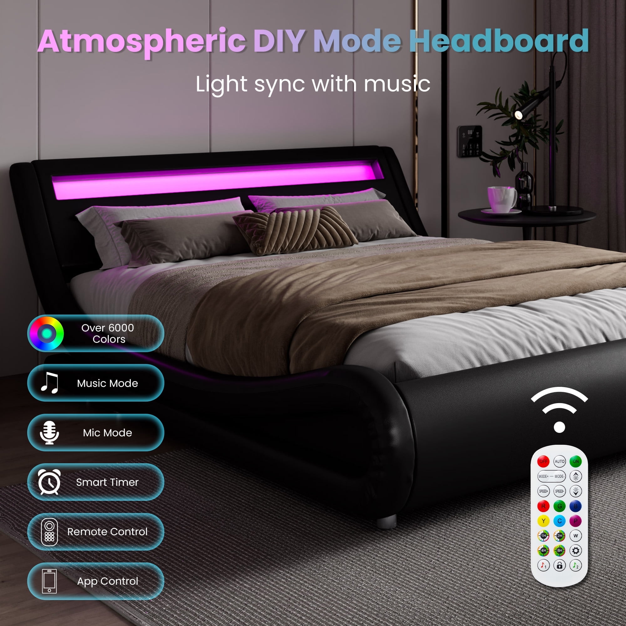 Walmart Black Friday Deals 2025 - Amolife Queen Bed Frame, Wave Design, LED Headboard, PU Leather, Adjustable Height, Black