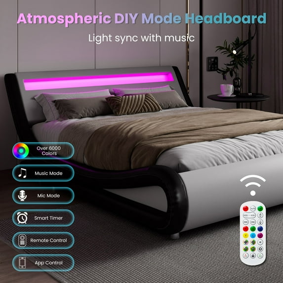 Amolife Queen Size Wave-like Curve Deluxe Upholstered Modern Bed Frame with LED Headboard, Black+White