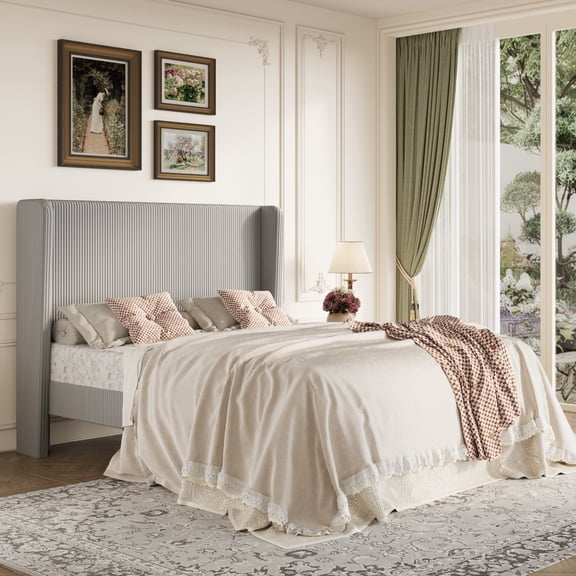Amolife Queen Size Platform Bed Frame with Velvet Upholstered Wingback Headboard, Light Gray