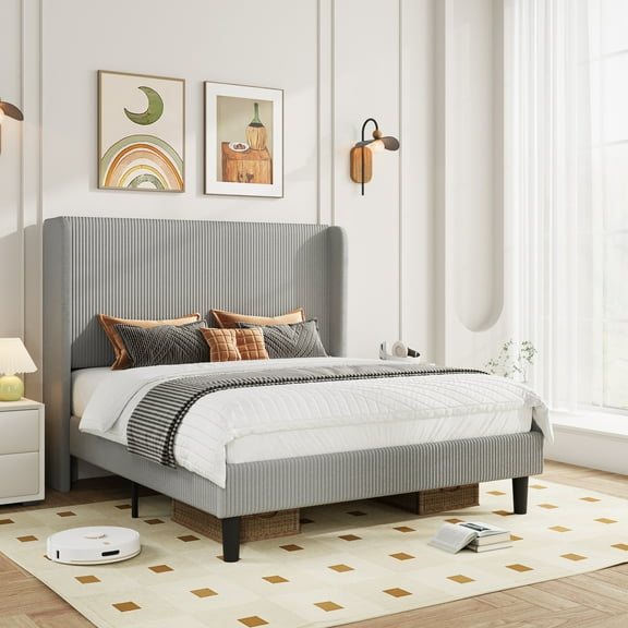 Amolife Queen Size Platform Bed Frame with Velvet Upholstered Wingback Headboard, Light Gray