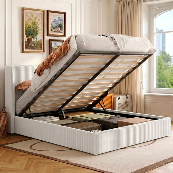 Amolife Queen size Hydraulic Lift Storage Bed Frame with Wingback Headboard, Corduroy Upholstery, White
