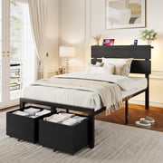 Amolife Twin Bed Frame with 2 Large‑Capacity Drawers and LED Wooden Storage Headboard, Platform Metal Bed with Charging Station, No Box Spring Needed, Black