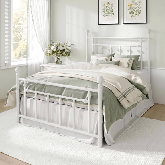 Amolife Twin Bed Frame, Metal Platform Bed Frame with Vintage Pattern Headboard, White